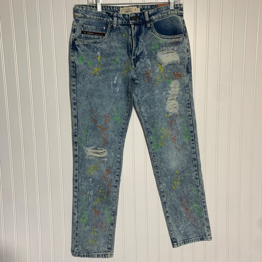 Jeanius Akademiks Paint Splatter Distressed Denim Jeans Mens‎ Size 38x30